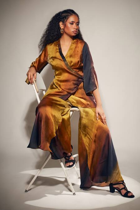 Whimsical By Shica_Yellow Organza, Satin V-neck Stroke Print Kimono With Pant _at_Aza_Fashions