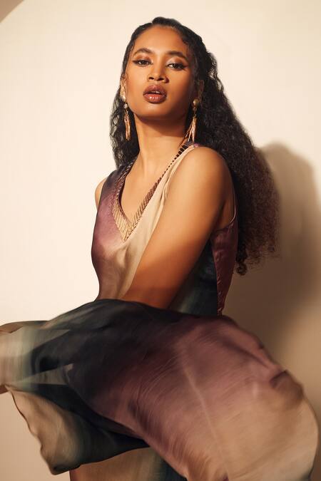 Whimsical By Shica_Beige Organza, Satin Piping V-neck Stroke Print Tiered Dress _Online_at_Aza_Fashions