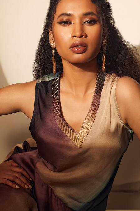 Buy_Whimsical By Shica_Beige Organza, Satin Piping V-neck Stroke Print Tiered Dress _Online_at_Aza_Fashions