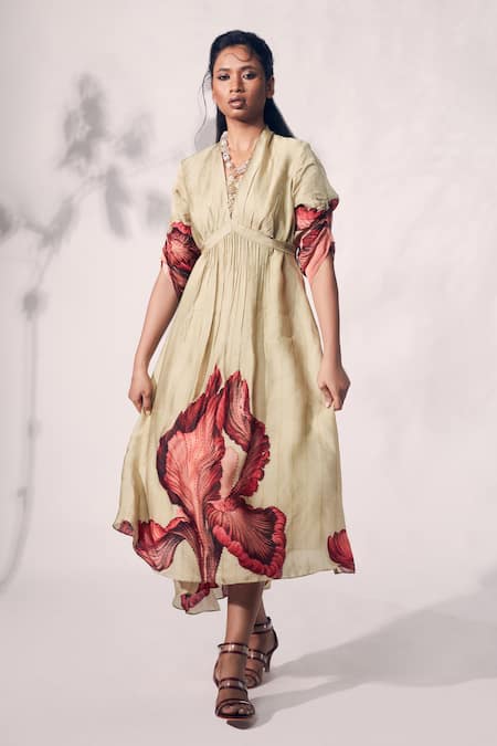 Whimsical By Shica Green Organza Satin Printed Chrysanthemum Flower V-neck Dress 