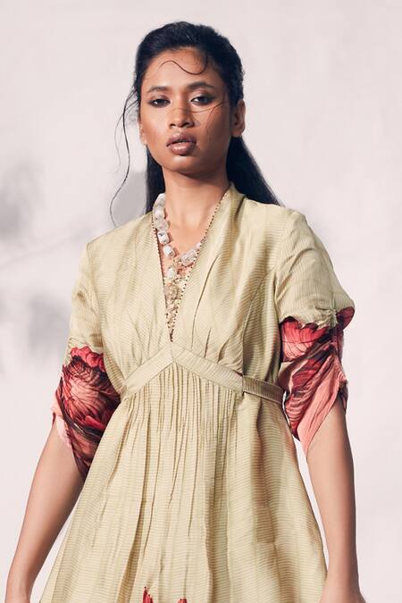 Whimsical By Shica_Green Organza, Satin Beads, Embroidery V-neck Chrysanthemum Flower Print Dress _Online_at_Aza_Fashions