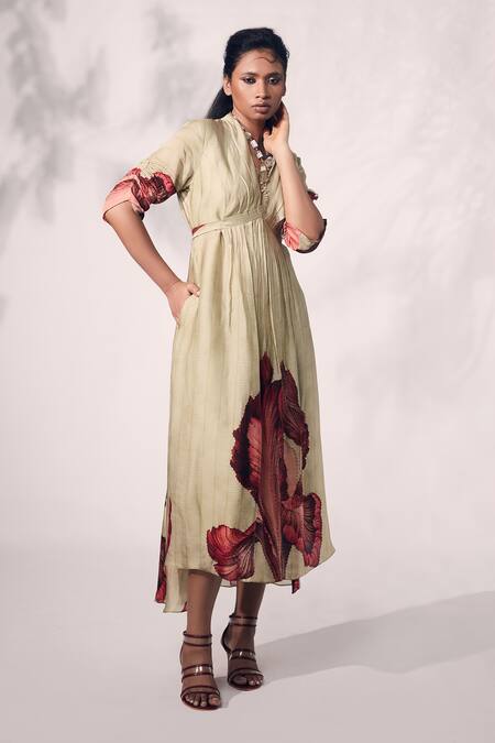 Buy_Whimsical By Shica_Green Organza, Satin Beads, Embroidery V-neck Chrysanthemum Flower Print Dress _Online_at_Aza_Fashions