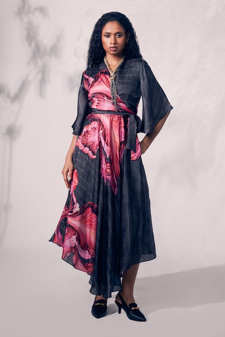 Whimsical By Shica Black Organza Satin Printed Chrysanthemum Asymmetric Hand Embroidered Dress 