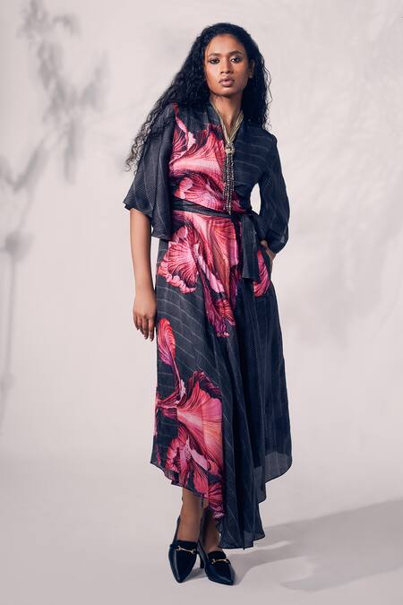 Whimsical By Shica_Black Organza, Satin Beads, Embroidery V-neck Asymmetric Hand Dress _Online_at_Aza_Fashions