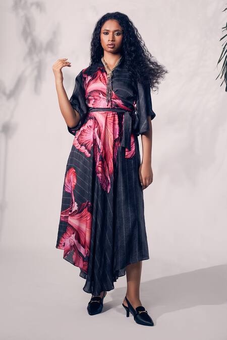Buy_Whimsical By Shica_Black Organza, Satin Beads, Embroidery V-neck Asymmetric Hand Dress _Online_at_Aza_Fashions