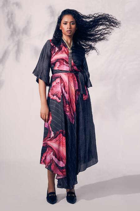 Shop_Whimsical By Shica_Black Organza, Satin Beads, Embroidery V-neck Asymmetric Hand Dress _Online_at_Aza_Fashions