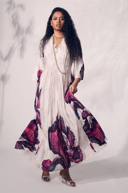 Whimsical By Shica Grey Organza, Satin Beads V-neck Chrysanthemum Flower Print Pintucked Dress Online at Aza Fashions Whimsical By Shica_Grey Organza, Satin Beads V-neck Chrysanthemum Flower Print Pintucked Dress _Online_at_Aza_Fashions