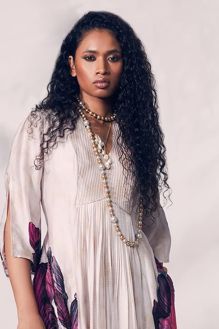 Shop Whimsical By Shica Grey Organza, Satin Beads V-neck Chrysanthemum Flower Print Pintucked Dress Online at Aza Fashions Shop_Whimsical By Shica_Grey Organza, Satin Beads V-neck Chrysanthemum Flower Print Pintucked Dress _Online_at_Aza_Fashions