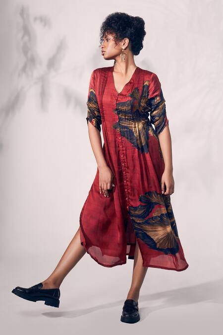Whimsical By Shica_Red Organza, Satin Beads, Embroidery Chrysanthemum Flower Print Shirt Dress _Online_at_Aza_Fashions