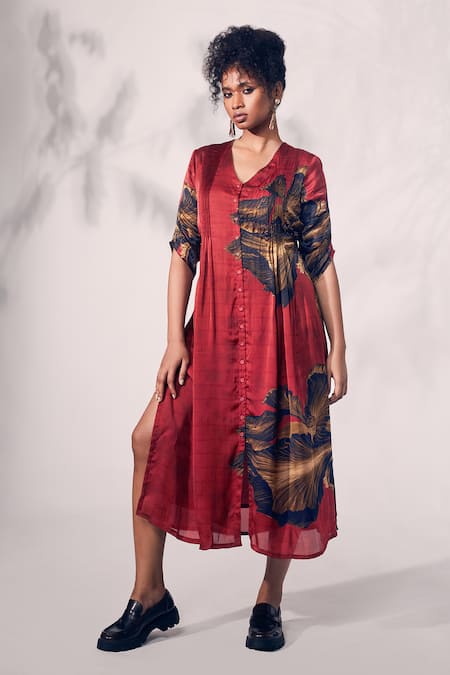 Buy_Whimsical By Shica_Red Organza, Satin Beads, Embroidery Chrysanthemum Flower Print Shirt Dress _Online_at_Aza_Fashions