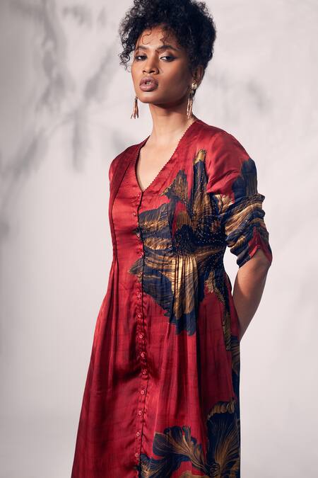 Shop_Whimsical By Shica_Red Organza, Satin Beads, Embroidery Chrysanthemum Flower Print Shirt Dress _Online_at_Aza_Fashions