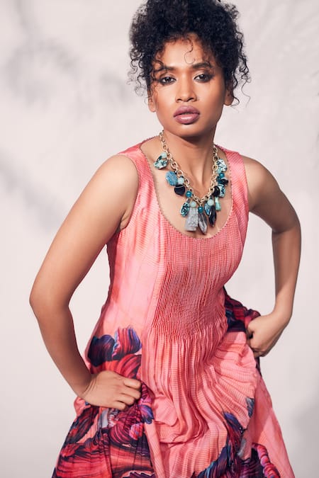 Buy_Whimsical By Shica_Pink Organza, Satin Beads, Embroidery Chrysanthemum Flower Print Layered Dress _Online_at_Aza_Fashions