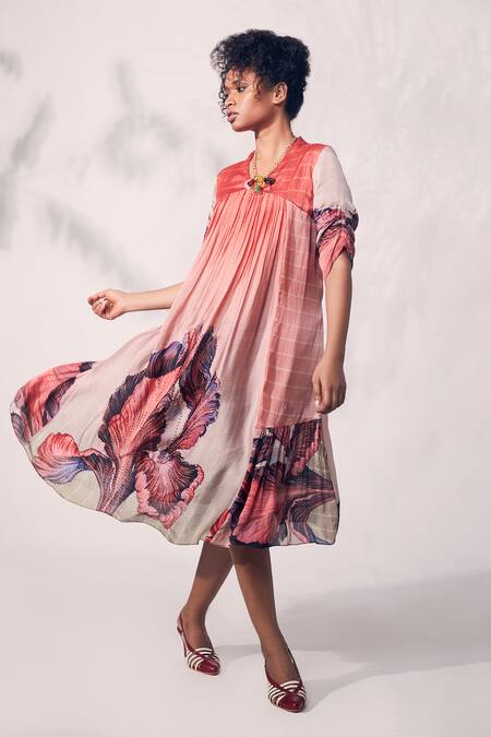 Whimsical By Shica_Pink Organza, Satin Beads, Embroidery V-neck Printed Pintucked Dress _Online_at_Aza_Fashions