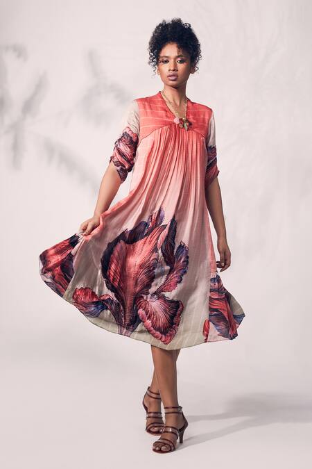 Buy_Whimsical By Shica_Pink Organza, Satin Beads, Embroidery V-neck Printed Pintucked Dress _Online_at_Aza_Fashions