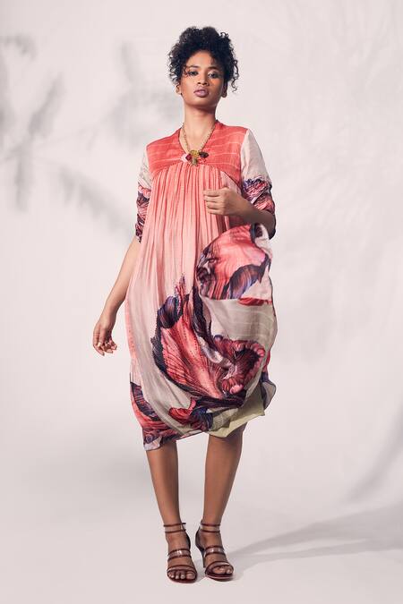Shop_Whimsical By Shica_Pink Organza, Satin Beads, Embroidery V-neck Printed Pintucked Dress _Online_at_Aza_Fashions
