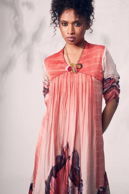 Whimsical By Shica_Pink Organza, Satin Beads, Embroidery V-neck Printed Pintucked Dress _at_Aza_Fashions