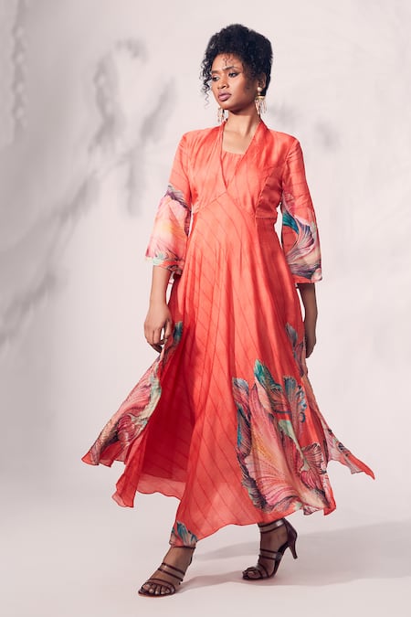 Whimsical By Shica Orange Organza Satin Printed Chrysanthemum Flower Blunt V Stripe Dress 