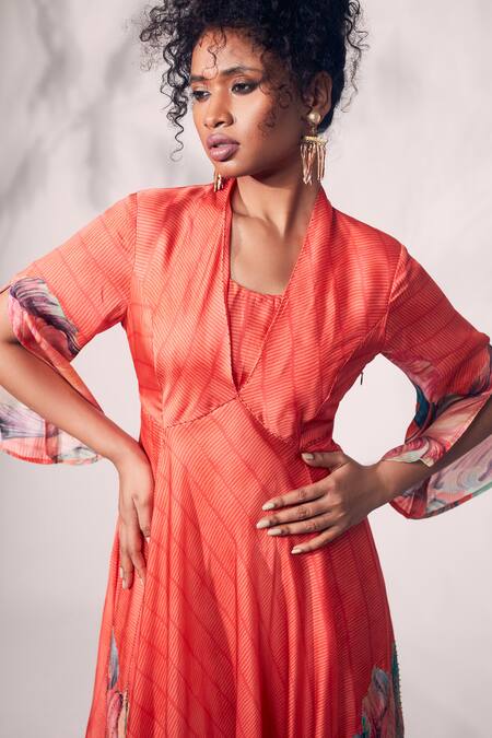 Whimsical By Shica_Orange Organza, Satin Beads V-neck Stripe Chrysanthemum Print Dress _Online_at_Aza_Fashions