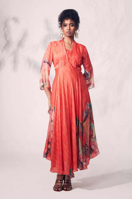 Buy_Whimsical By Shica_Orange Organza, Satin Beads V-neck Stripe Chrysanthemum Print Dress _Online_at_Aza_Fashions