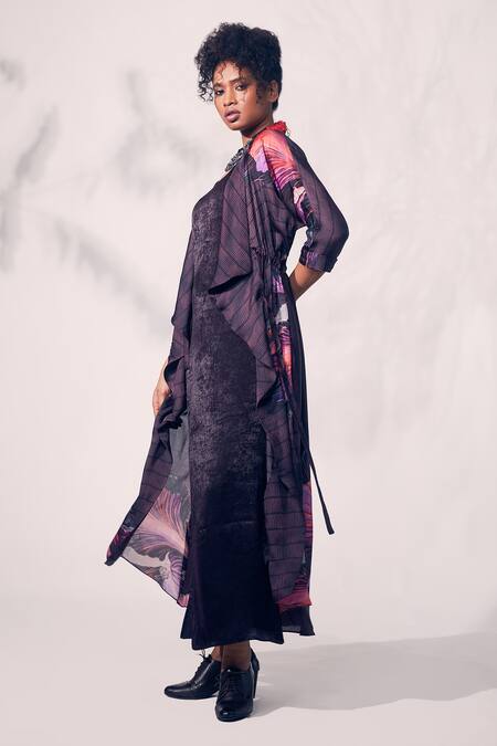 Whimsical By Shica_Purple Organza, Satin Beads Round Neck Chrysanthemum Flower Print Jacket Dress _Online_at_Aza_Fashions