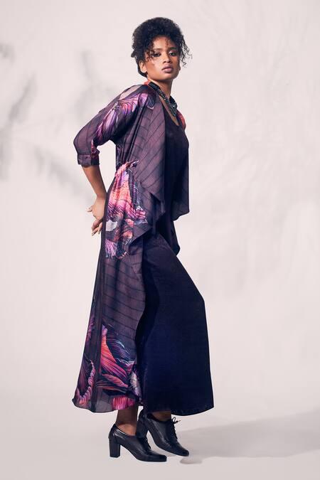 Buy_Whimsical By Shica_Purple Organza, Satin Beads Round Neck Chrysanthemum Flower Print Jacket Dress _Online_at_Aza_Fashions