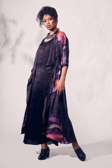 Shop_Whimsical By Shica_Purple Organza, Satin Beads Round Neck Chrysanthemum Flower Print Jacket Dress _Online_at_Aza_Fashions