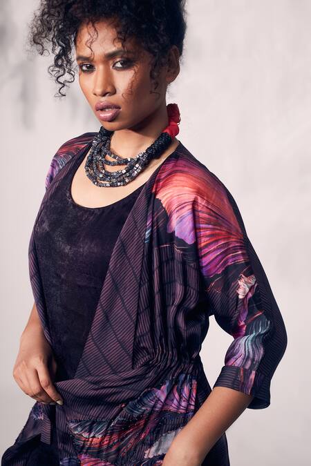 Whimsical By Shica_Purple Organza, Satin Beads Round Neck Chrysanthemum Flower Print Jacket Dress _at_Aza_Fashions
