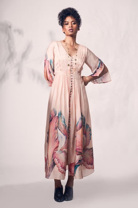 Whimsical By Shica Peach Organza Satin Printed Chrysanthemum Flower V-neck Gathered Yoke Dress 