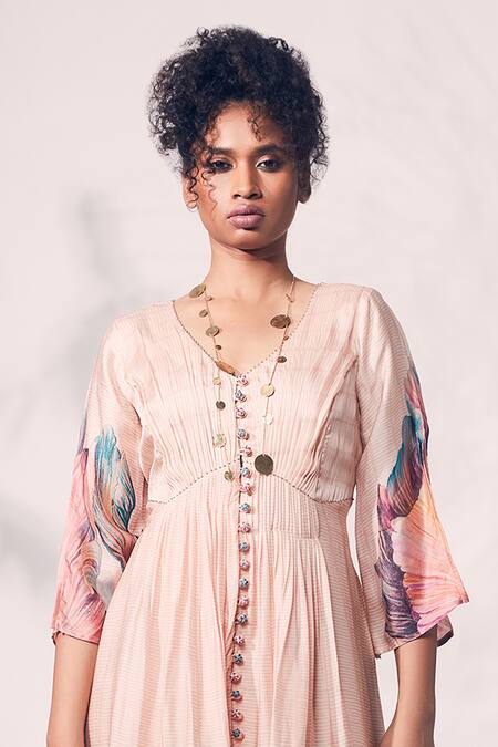 Whimsical By Shica_Peach Organza, Satin V-neck Gathered Yoke Dress _Online_at_Aza_Fashions