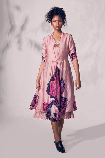 Whimsical By Shica Pink Organza, Satin Beads V-neck Printed Layered Dress Online at Aza Fashions Whimsical By Shica_Pink Organza, Satin Beads V-neck Printed Layered Dress _Online_at_Aza_Fashions