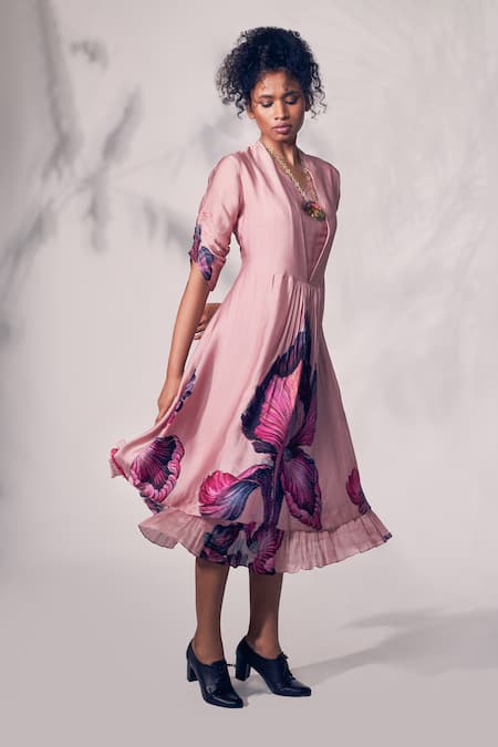 Buy Whimsical By Shica Pink Organza, Satin Beads V-neck Printed Layered Dress Online at Aza Fashions Buy_Whimsical By Shica_Pink Organza, Satin Beads V-neck Printed Layered Dress _Online_at_Aza_Fashions