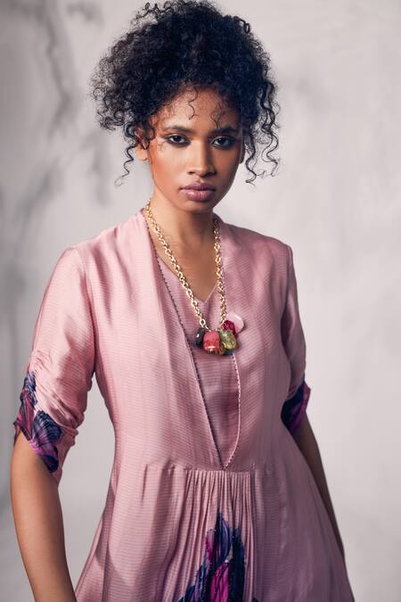 Shop Whimsical By Shica Pink Organza, Satin Beads V-neck Printed Layered Dress Online at Aza Fashions Shop_Whimsical By Shica_Pink Organza, Satin Beads V-neck Printed Layered Dress _Online_at_Aza_Fashions