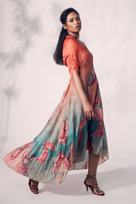 Whimsical By Shica_Orange Organza, Satin Beads V-neck Chrysanthemum Flower Print Asymmetric Dress _Online_at_Aza_Fashions