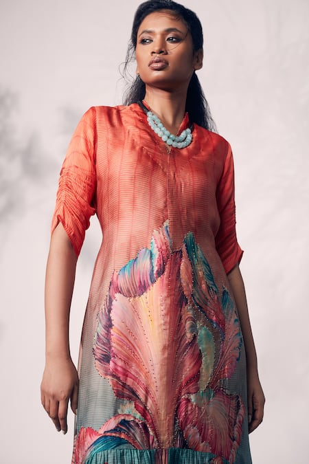 Buy_Whimsical By Shica_Orange Organza, Satin Beads V-neck Chrysanthemum Flower Print Asymmetric Dress _Online_at_Aza_Fashions