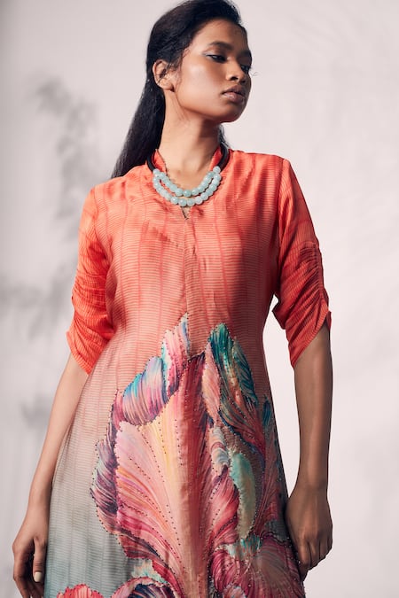 Shop_Whimsical By Shica_Orange Organza, Satin Beads V-neck Chrysanthemum Flower Print Asymmetric Dress _Online_at_Aza_Fashions