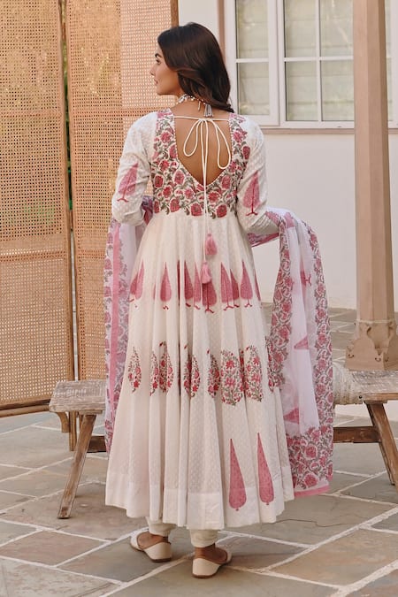 Karaj Jaipur Gul Handblock Print Anarkali Set 