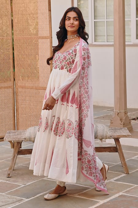 Karaj Jaipur_White Cotton, Denim, Kota Doria Embroidery Gul Handblock Print Anarkali Set _Online_at_Aza_Fashions