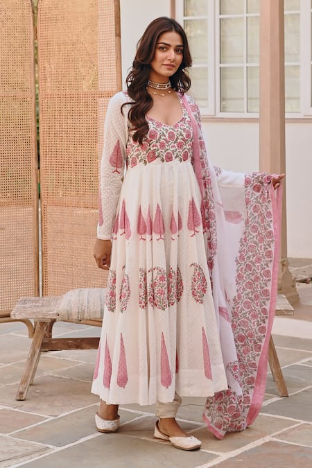 Buy_Karaj Jaipur_White Cotton, Denim, Kota Doria Embroidery Gul Handblock Print Anarkali Set _Online_at_Aza_Fashions