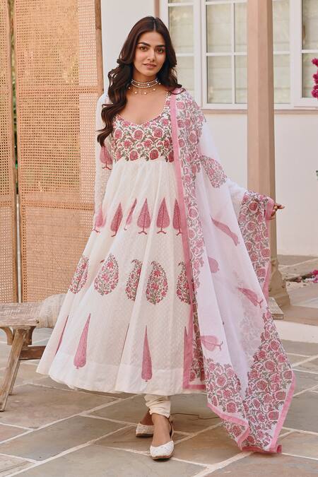 Shop_Karaj Jaipur_White Cotton, Denim, Kota Doria Embroidery Gul Handblock Print Anarkali Set _Online_at_Aza_Fashions