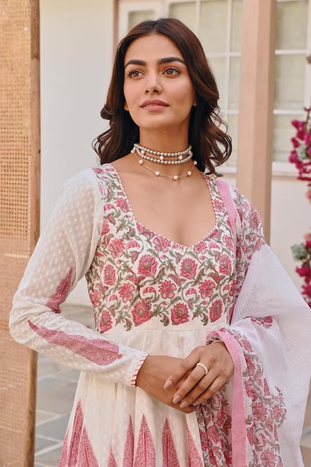 Karaj Jaipur_White Cotton, Denim, Kota Doria Embroidery Gul Handblock Print Anarkali Set _at_Aza_Fashions