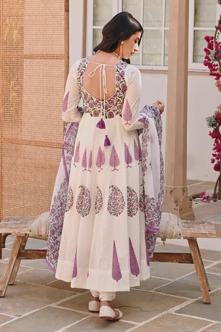 Karaj Jaipur_White Cotton, Denim, Kota Doria Embroidery Bahar Handblock Print Anarkali Set _Online_at_Aza_Fashions