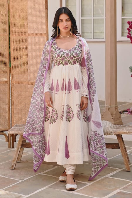 Buy_Karaj Jaipur_White Cotton, Denim, Kota Doria Embroidery Bahar Handblock Print Anarkali Set _Online_at_Aza_Fashions