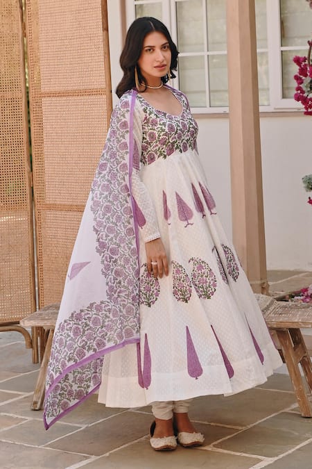 Shop_Karaj Jaipur_White Cotton, Denim, Kota Doria Embroidery Bahar Handblock Print Anarkali Set _Online_at_Aza_Fashions