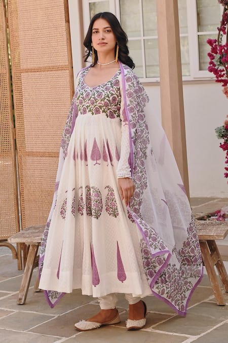 Karaj Jaipur_White Cotton, Denim, Kota Doria Embroidery Bahar Handblock Print Anarkali Set _at_Aza_Fashions