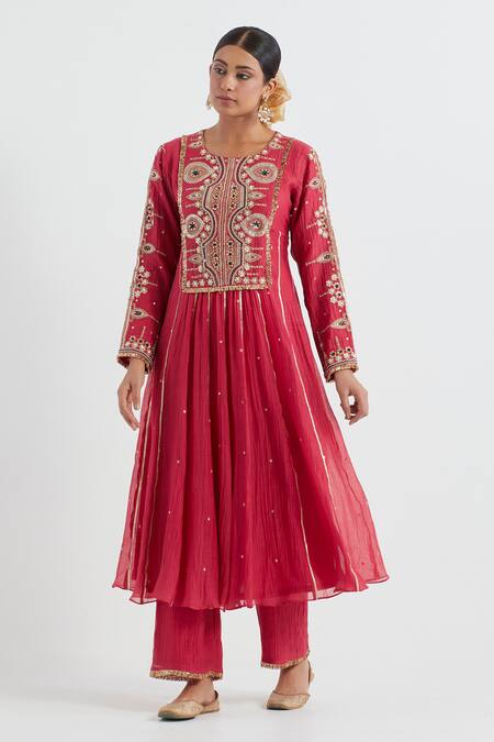 Ikshita Choudhary Red Chanderi, Linen Embroidery, Gota Patti Round Neck Hand Anarkali With Pant Online at Aza Fashions Ikshita Choudhary_Red Chanderi, Linen Embroidery, Gota Patti Round Neck Hand Anarkali With Pant _Online_at_Aza_Fashions