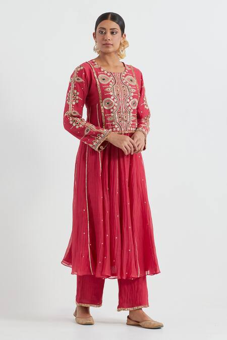 Buy Ikshita Choudhary Red Chanderi, Linen Embroidery, Gota Patti Round Neck Hand Anarkali With Pant Online at Aza Fashions Buy_Ikshita Choudhary_Red Chanderi, Linen Embroidery, Gota Patti Round Neck Hand Anarkali With Pant _Online_at_Aza_Fashions