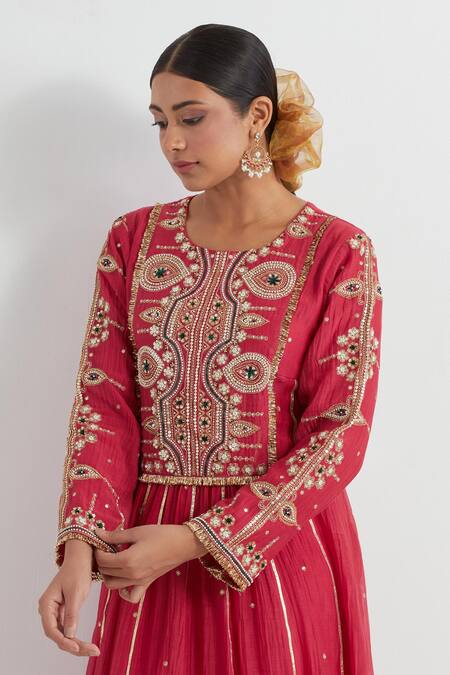 Shop Ikshita Choudhary Red Chanderi, Linen Embroidery, Gota Patti Round Neck Hand Anarkali With Pant Online at Aza Fashions Shop_Ikshita Choudhary_Red Chanderi, Linen Embroidery, Gota Patti Round Neck Hand Anarkali With Pant _Online_at_Aza_Fashions