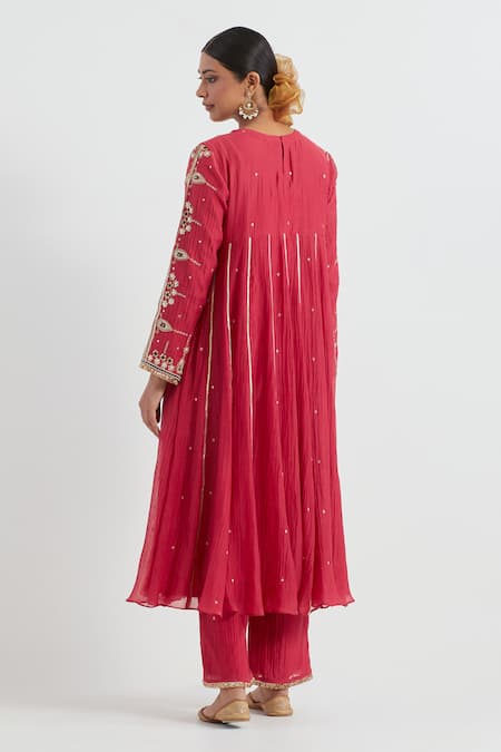 Shop Ikshita Choudhary Red Chanderi, Linen Embroidery, Gota Patti Round Neck Hand Anarkali With Pant at Aza Fashions Shop_Ikshita Choudhary_Red Chanderi, Linen Embroidery, Gota Patti Round Neck Hand Anarkali With Pant _at_Aza_Fashions