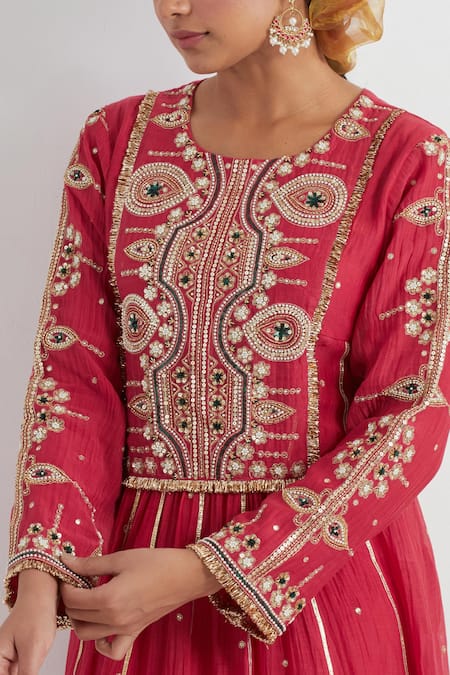Buy Ikshita Choudhary Red Chanderi, Tissue, Muslin Embroidery Round Neck Hand Anarkali Set Online at Aza Fashions Buy_Ikshita Choudhary_Red Chanderi, Tissue, Muslin Embroidery Round Neck Hand Anarkali Set _Online_at_Aza_Fashions