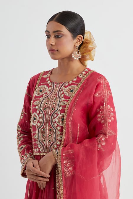 Shop Ikshita Choudhary Red Chanderi, Tissue, Muslin Embroidery Round Neck Hand Anarkali Set at Aza Fashions Shop_Ikshita Choudhary_Red Chanderi, Tissue, Muslin Embroidery Round Neck Hand Anarkali Set _at_Aza_Fashions